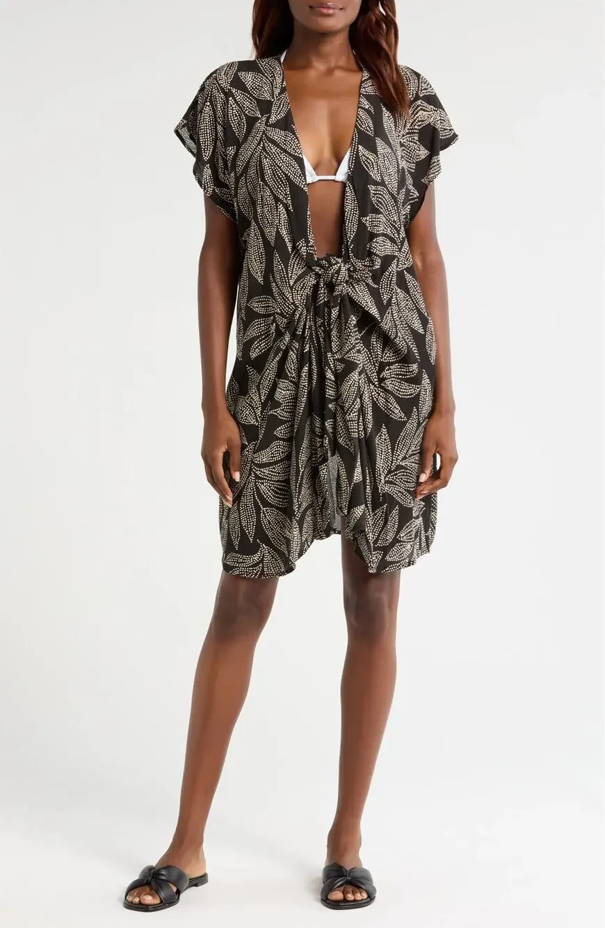 Elan Black + Cream Leaf Print Short Sleeve Tie Front Swimsuit Coverup Medium
